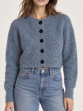 Zara Cropped Fuzzy Button-Front Cardigan in Dusty Blue/Grey US S